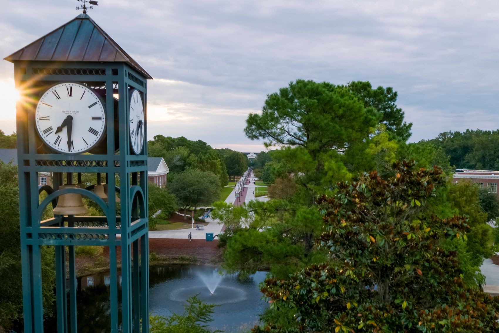 Bird's eye view of UNCW campus with Clock Tower in foreground.